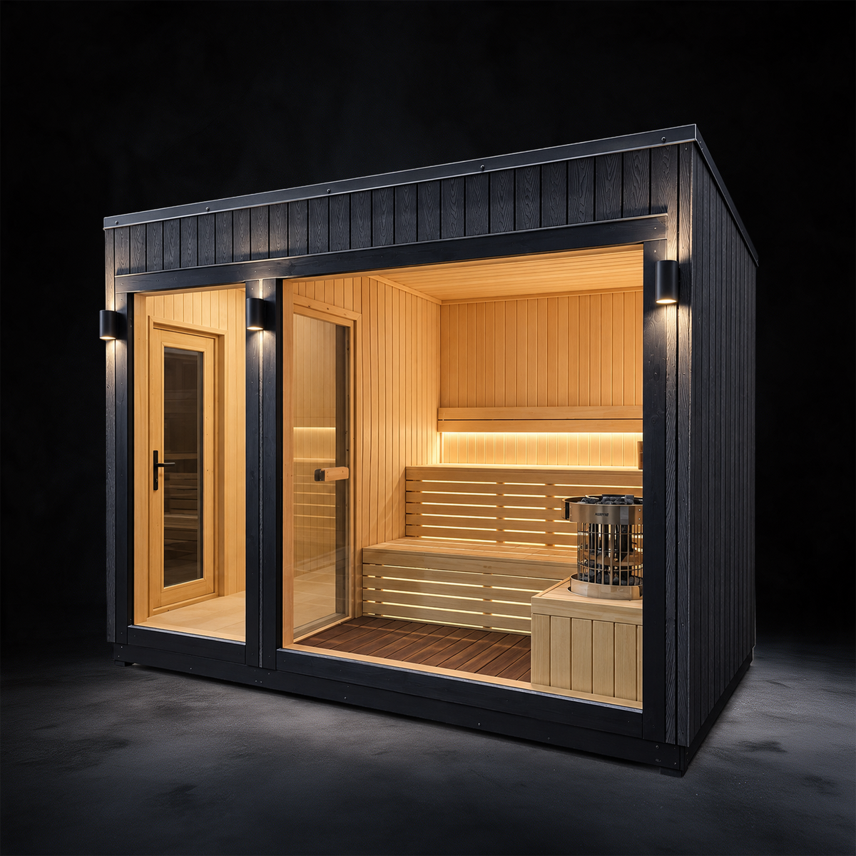 Arden Horizon outdoor sauna in black, with a glass door, large front window and lit two-tier benches
