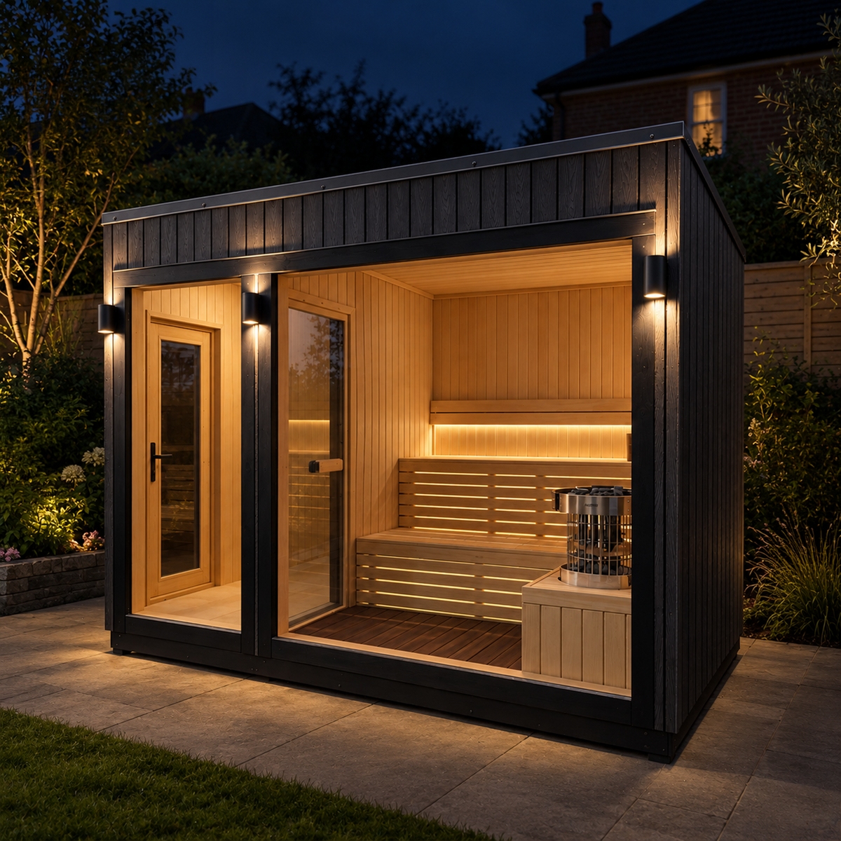 Arden Horizon in black, lit up in a garden at dusk