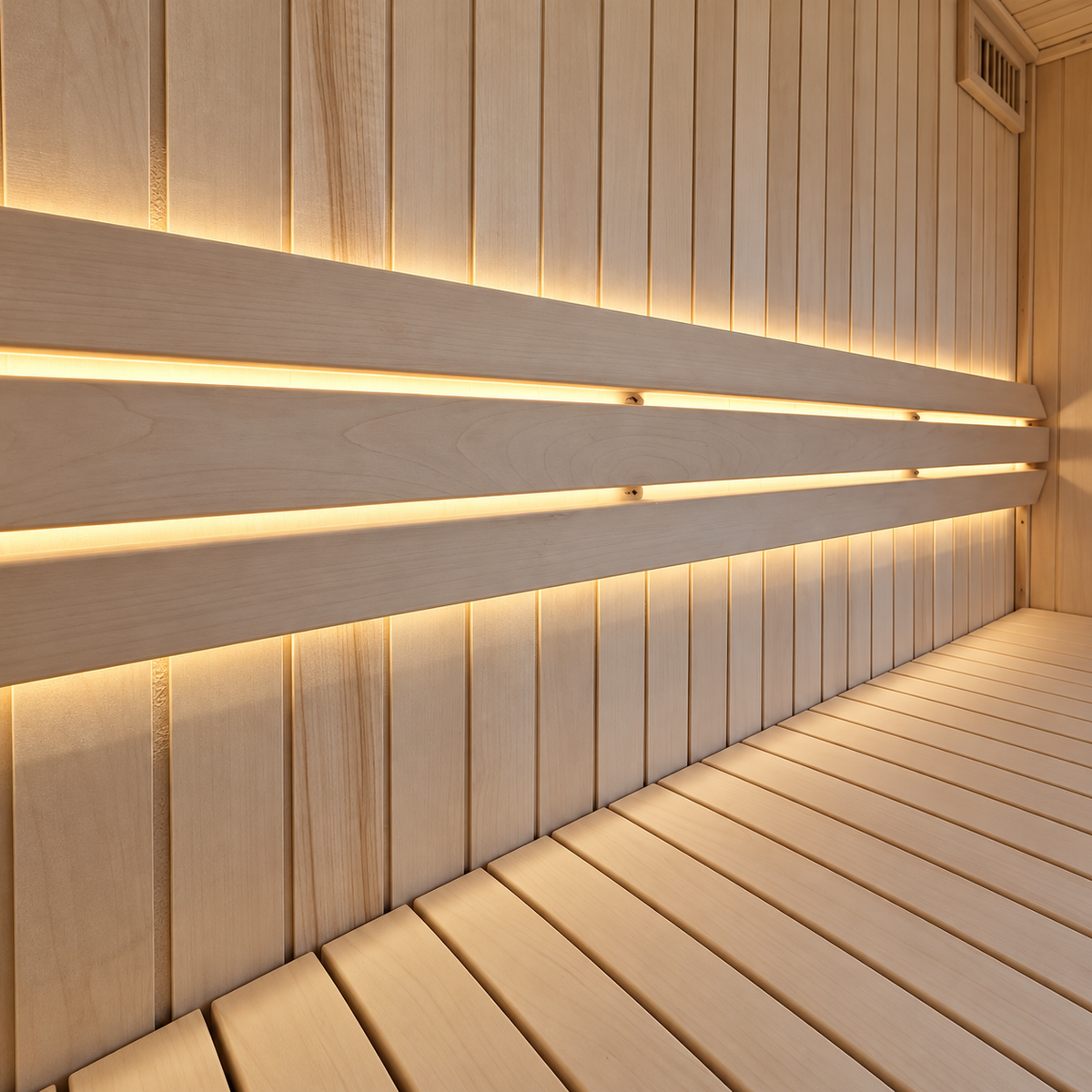 LED strip lighting behind the backrest and under the benches
