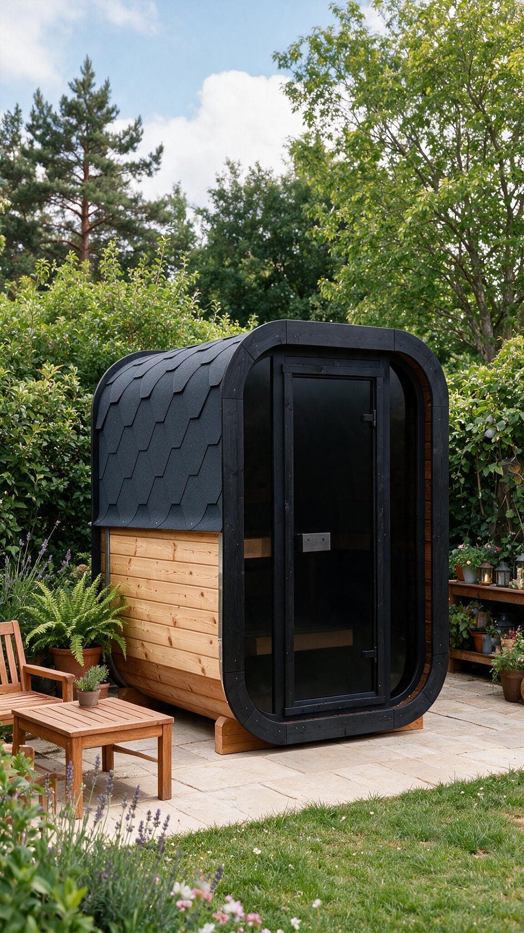 Solen outdoor sauna in a planted garden
