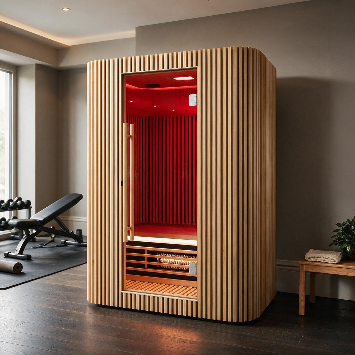 The Orb Max infrared sauna in a home gym