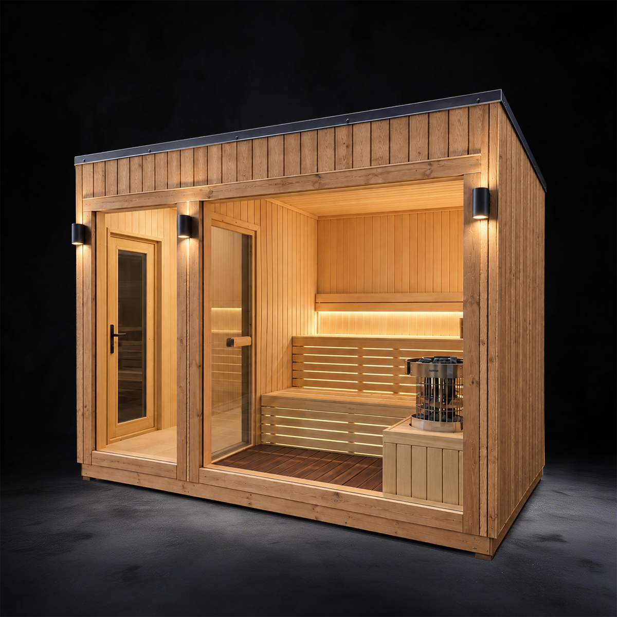 Arden Horizon in brown, with a glass door, large front window and lit two-tier benches