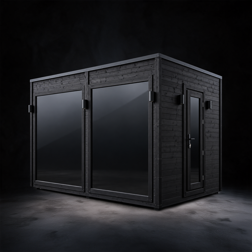 Arden Panorama outdoor sauna in black, with large glass panels across the front