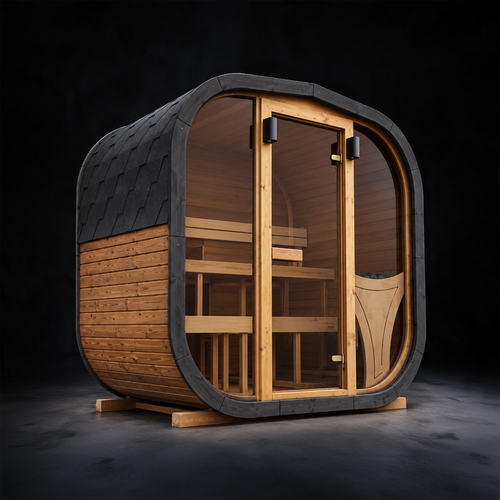 Solen Plus square outdoor sauna with a full-glass front