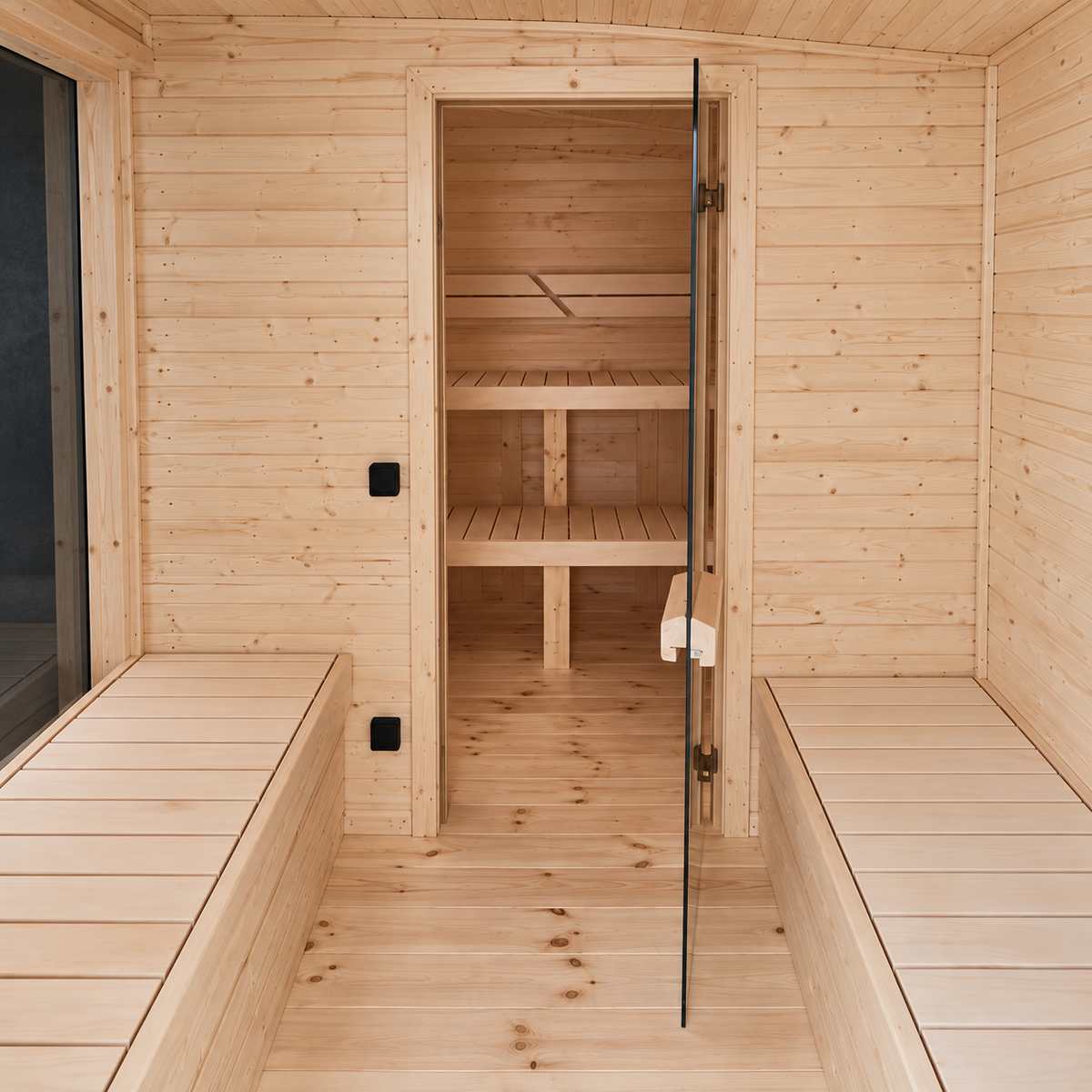 Inside Arden Panorama: front room with benches either side and a glass door through to the sauna