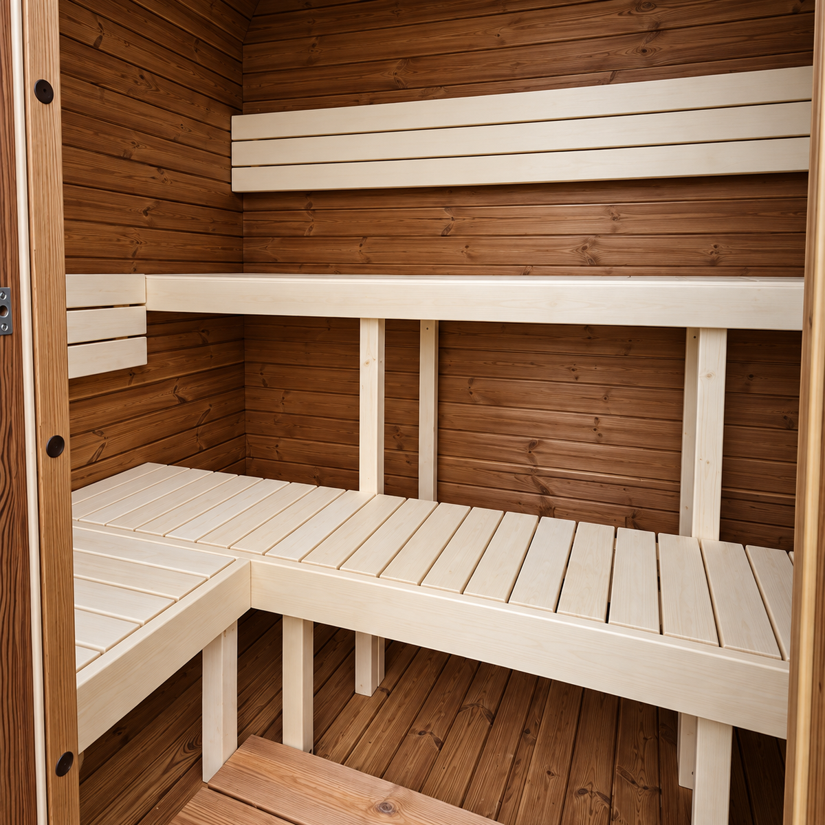 Inside Solen Plus: spruce cabin with alder and linden benches