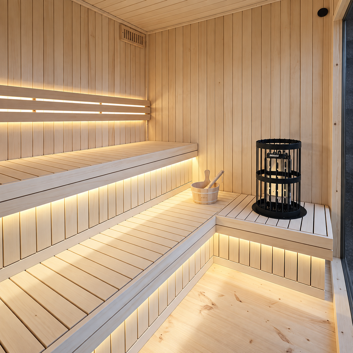 Inside Arden Horizon: two-tier benches with LED lighting and the Harvia Legend heater
