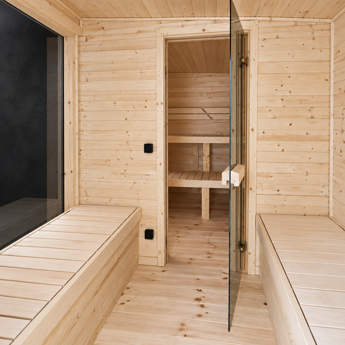 The glass sauna door open, looking through to the two-tier benches