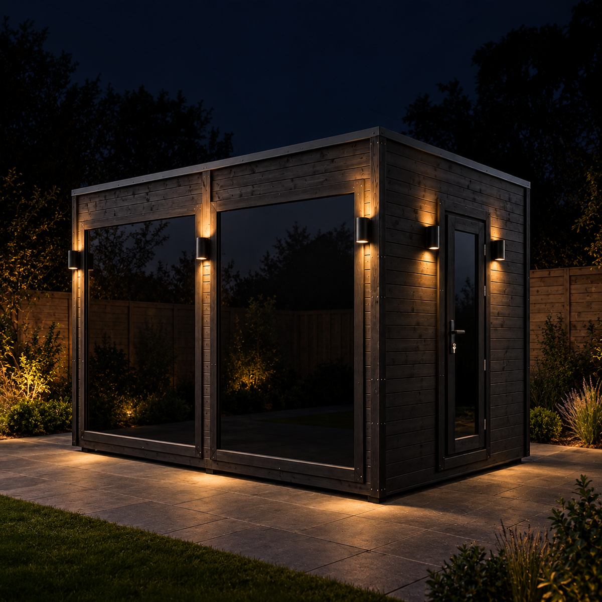 Arden Panorama outdoor sauna lit up in a garden at dusk