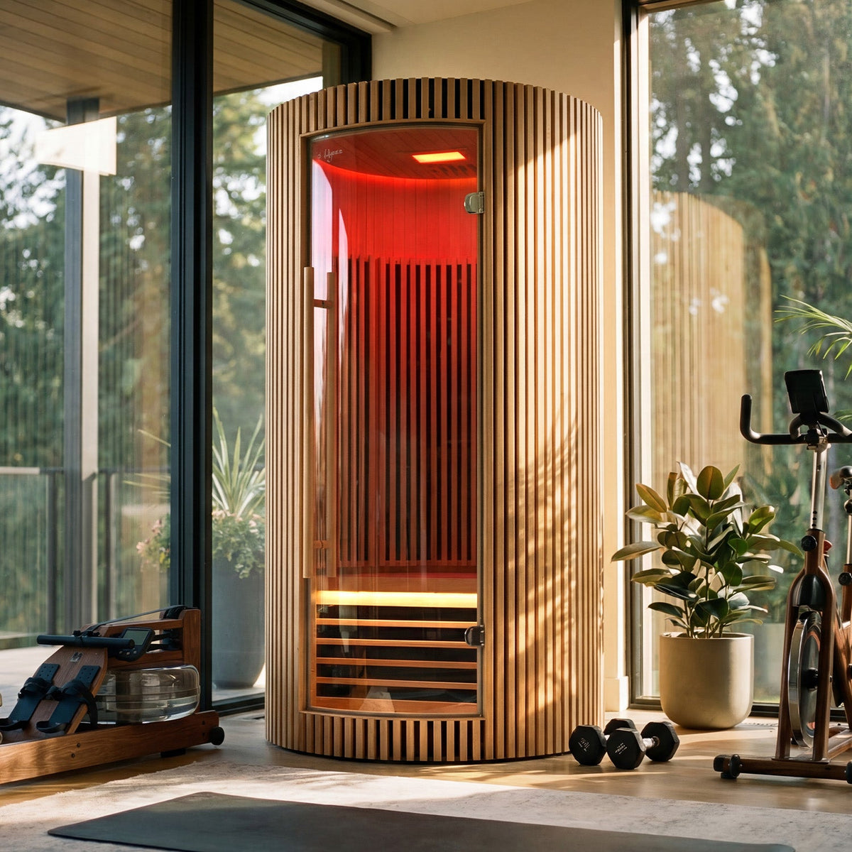 The Orb curved Hemlock cabin in a room