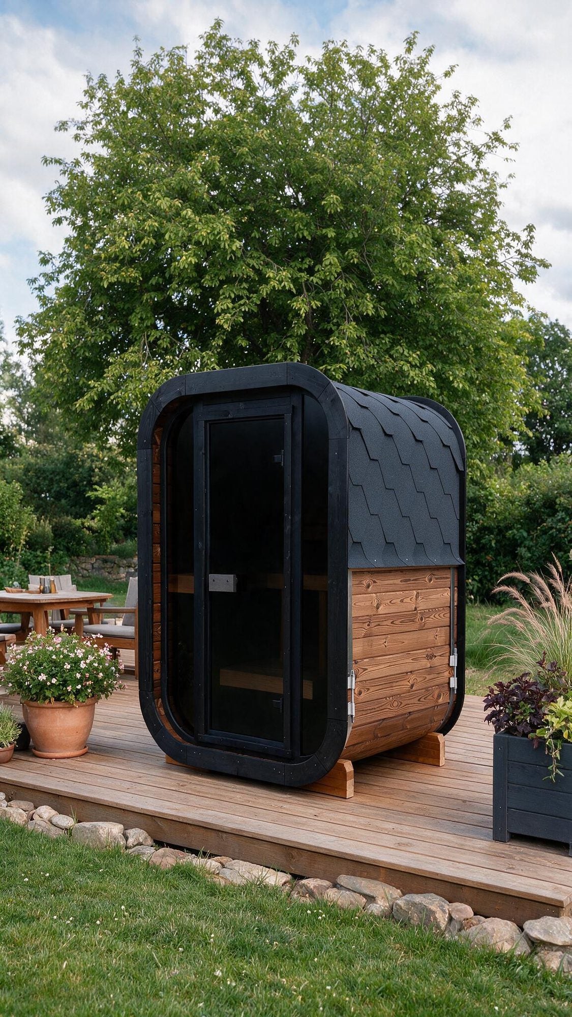 Solen outdoor sauna on a garden deck